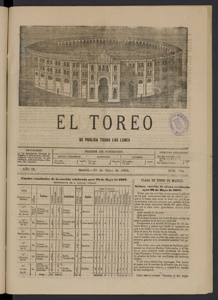Miniatura de El Toreo: suplemento a "La Correspondencia Teatral" del 29 de mayo ade 1882, nº 354