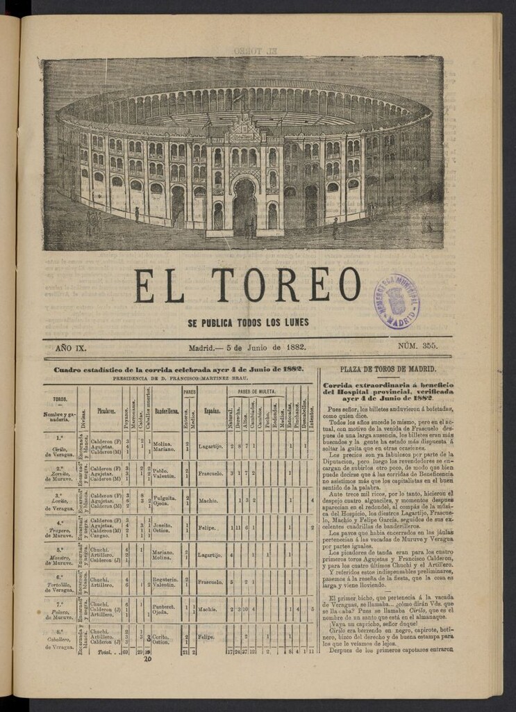 Miniatura de El Toreo: suplemento a "La Correspondencia Teatral" del 5 de junio de 1882, nº 355
