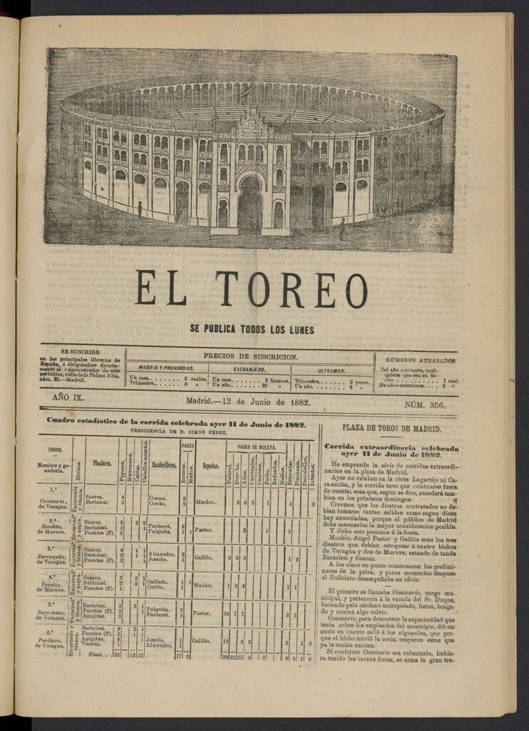 Miniatura de El Toreo: suplemento a "La Correspondencia Teatral" del 12 de junio de 1882, nº 356