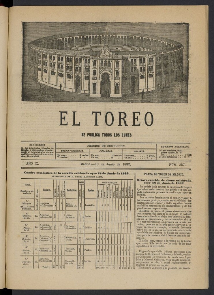 Miniatura de El Toreo: suplemento a "La Correspondencia Teatral" del 18 de junio de 1882, nº 357