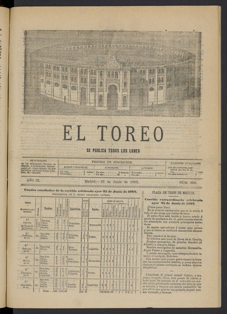 Miniatura de El Toreo: suplemento a "La Correspondencia Teatral" del 26 de junio de 1882, nº 358