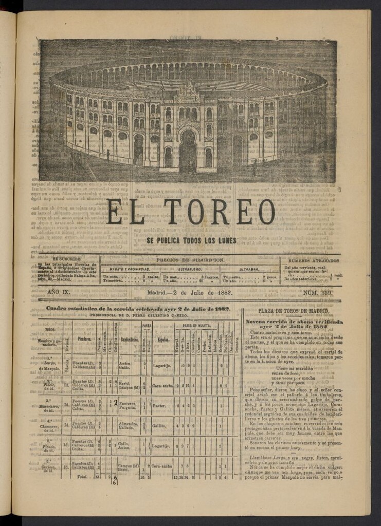 Miniatura de El Toreo: suplemento a "La Correspondencia Teatral" del 2 de julio de 1882, nº 359