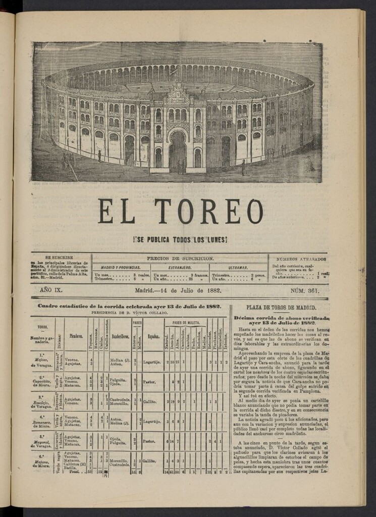 Miniatura de El Toreo: suplemento a "La Correspondencia Teatral" del 14 de julio de 1882, nº 361