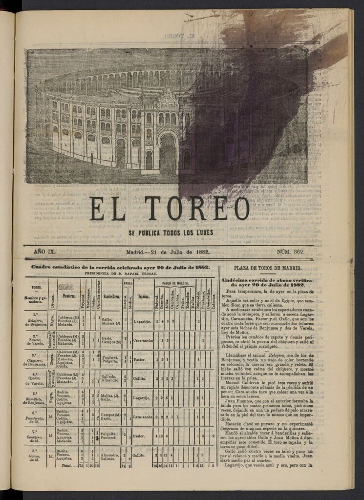 Miniatura de El Toreo: suplemento a "La Correspondencia Teatral" del 21 de julio de 1882, nº 362