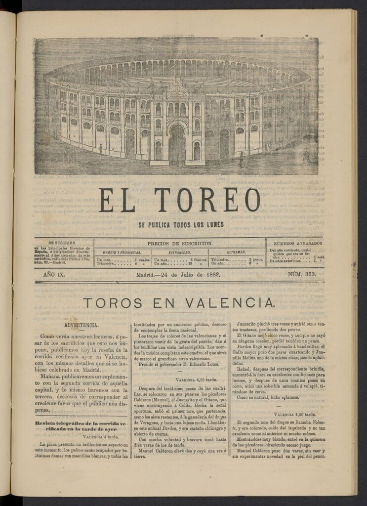 Miniatura de El Toreo: suplemento a "La Correspondencia Teatral" del 24 de julio de 1882, nº 363