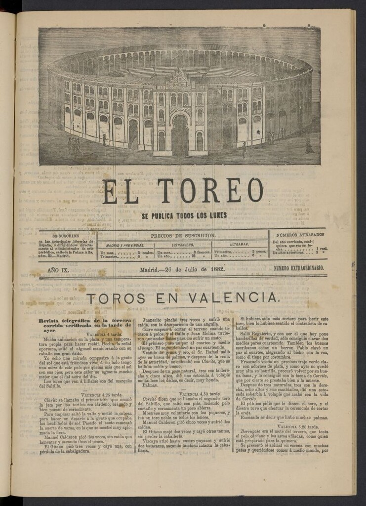 Miniatura de El Toreo: suplemento a "La Correspondencia Teatral" del 26 de julio de 1882, nº extraordinario