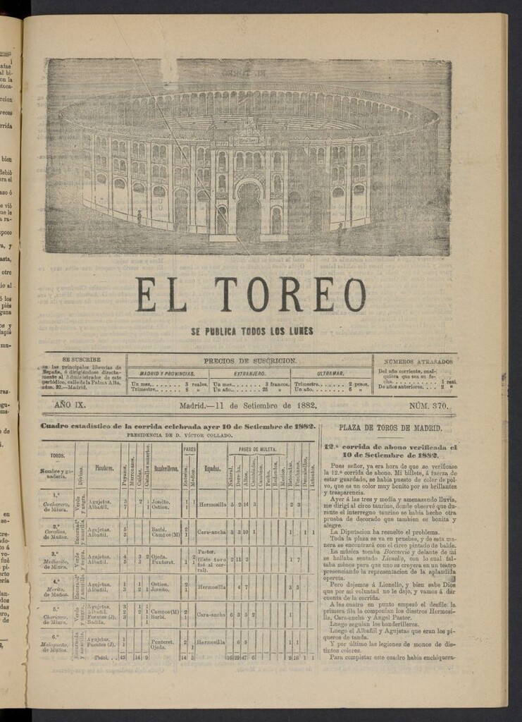 Miniatura de El Toreo: suplemento a "La Correspondencia Teatral" del 11 de septiembre de 1882, nº 370