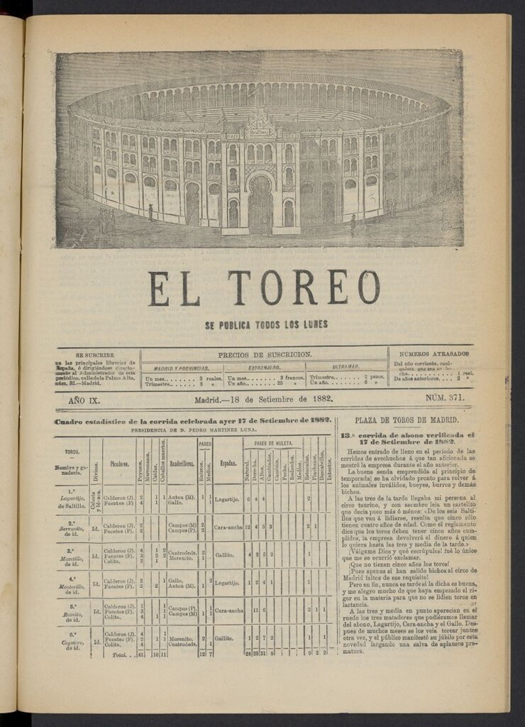Miniatura de El Toreo: suplemento a "La Correspondencia Teatral" del 18 de septiembre de 1882, nº 371