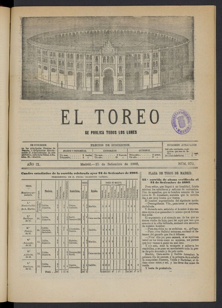 Miniatura de El Toreo: suplemento a "La Correspondencia Teatral" del 25 de septiembre de 1882, nº 372