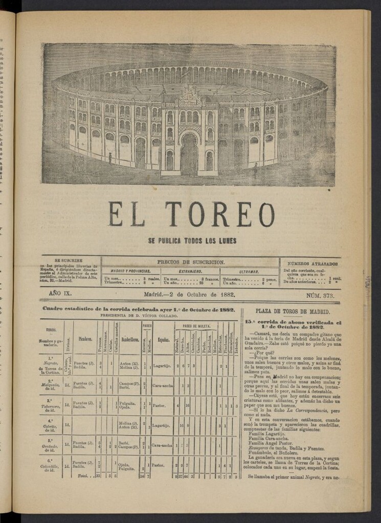 Miniatura de El Toreo: suplemento a "La Correspondencia Teatral" del 2 de octubre de 1882, nº 373