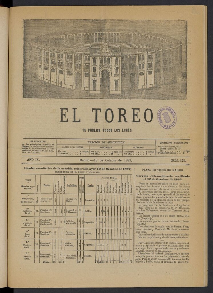Miniatura de El Toreo: suplemento a "La Correspondencia Teatral" del 13 de octubre de 1882, nº 375