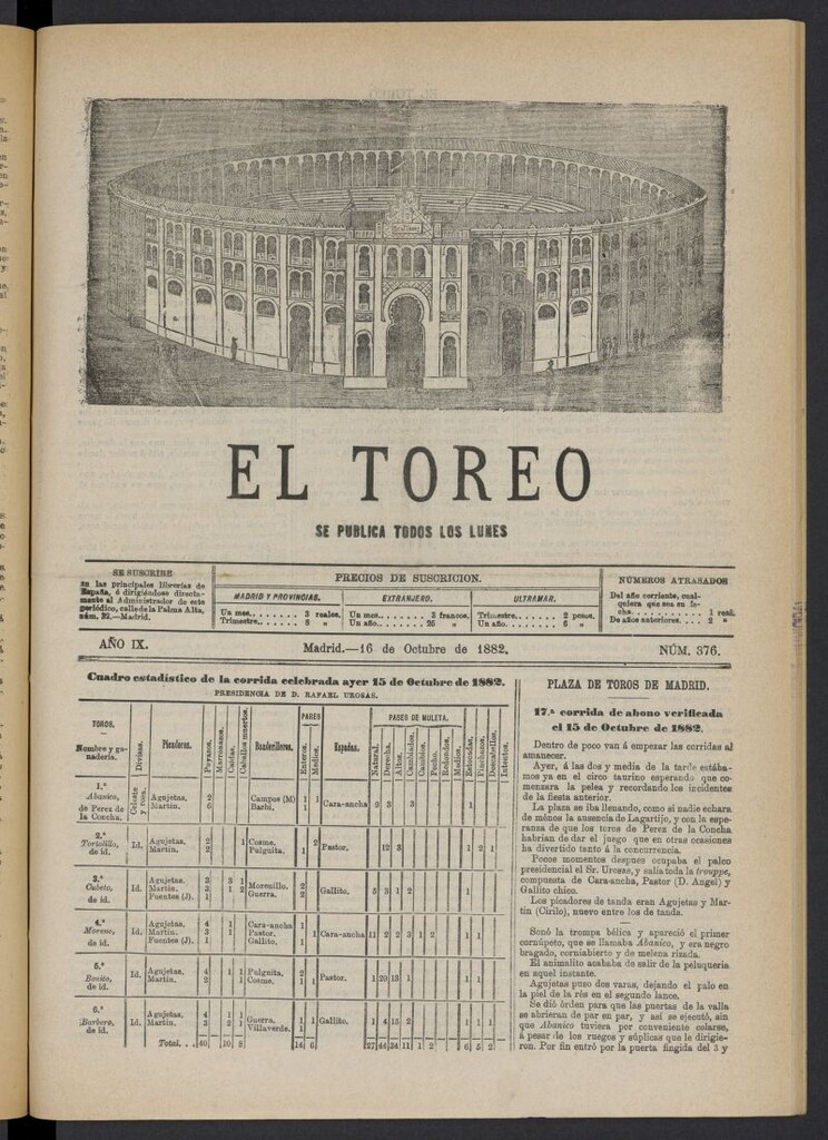 Miniatura de El Toreo: suplemento a "La Correspondencia Teatral" del 16 de octubre de 1882, nº 376
