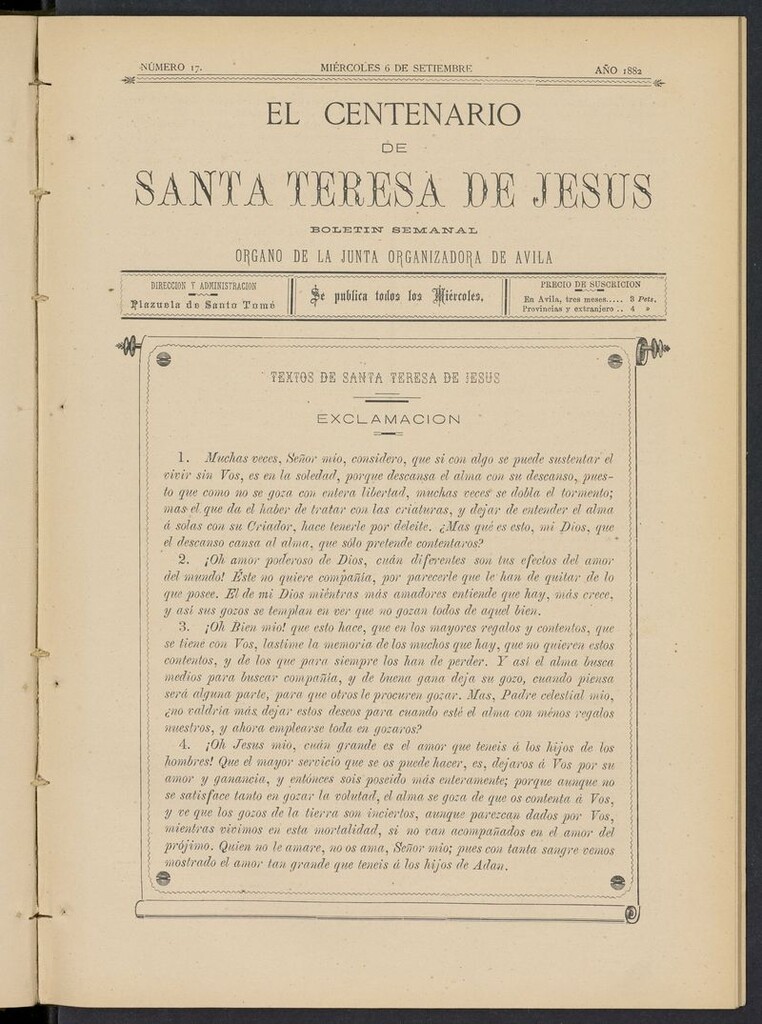 Miniatura de El Centenario de Santa Teresa de Jesús del 6 de septiembre de 1882
