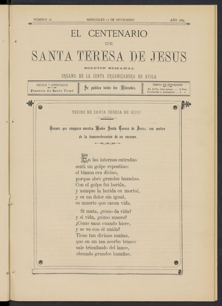 Miniatura de El Centenario de Santa Teresa de Jesús del 13 de septiembre de 1882
