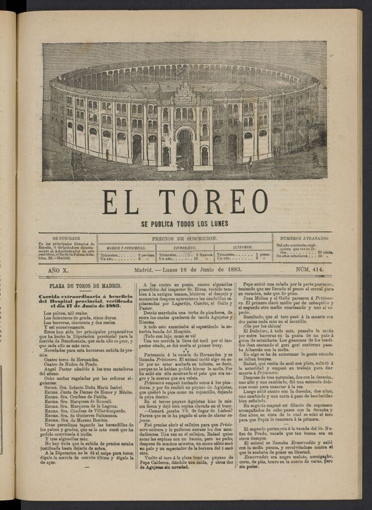 Miniatura de El Toreo: suplemento a "La Correspondencia Teatral" del 18 de junio de 1883, nº 414