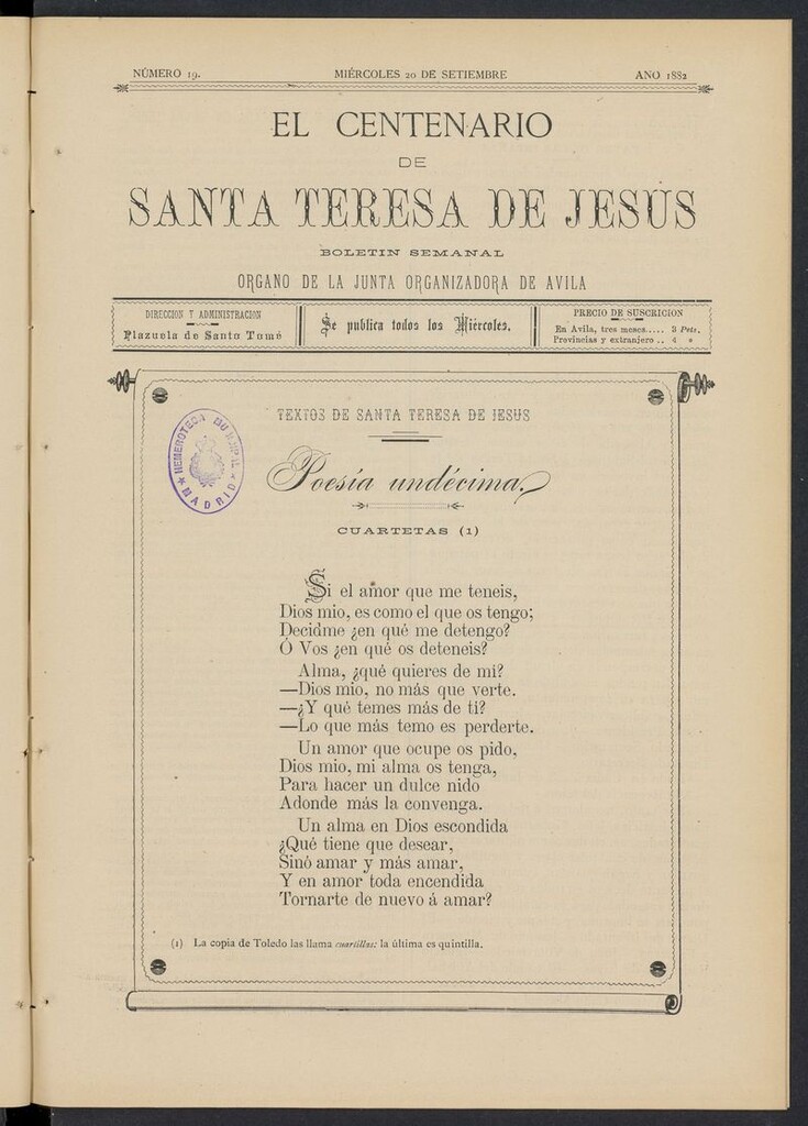 Miniatura de El Centenario de Santa Teresa de Jesús del 20 de septiembre de 1882