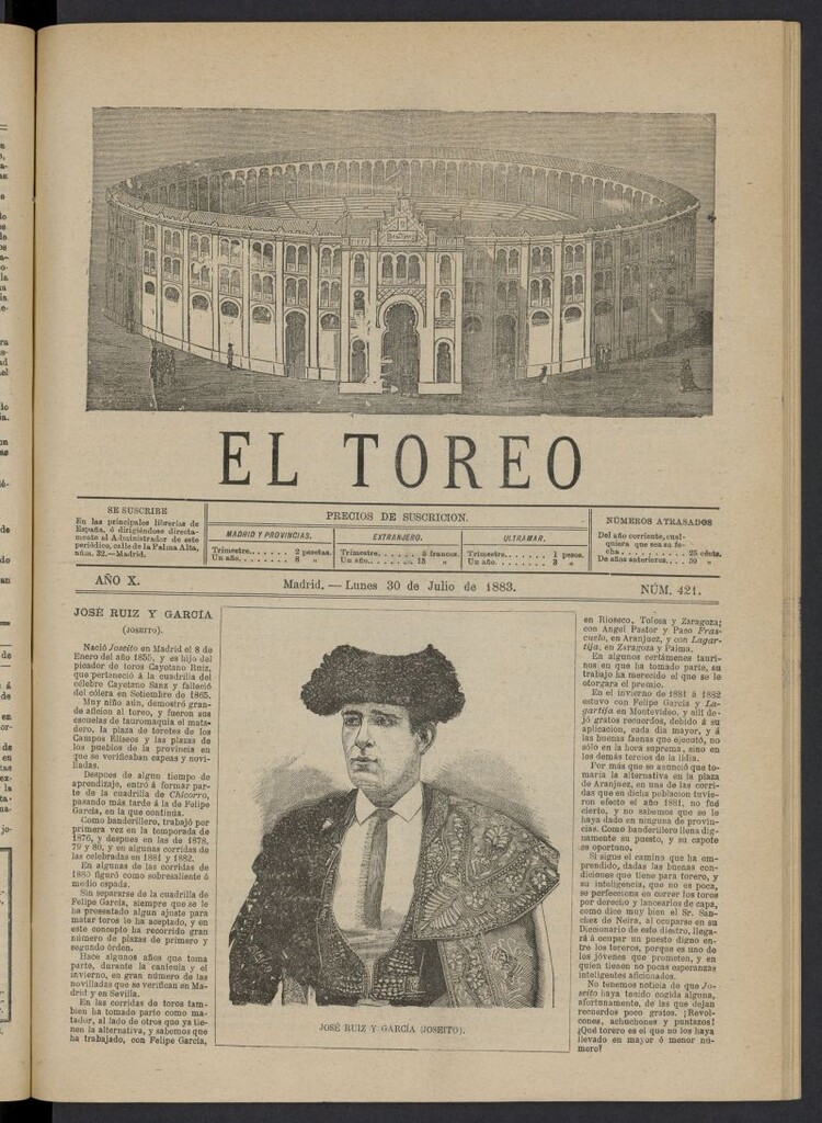 Miniatura de El Toreo: suplemento a "La Correspondencia Teatral" del 30 de julio de 1883, nº 421
