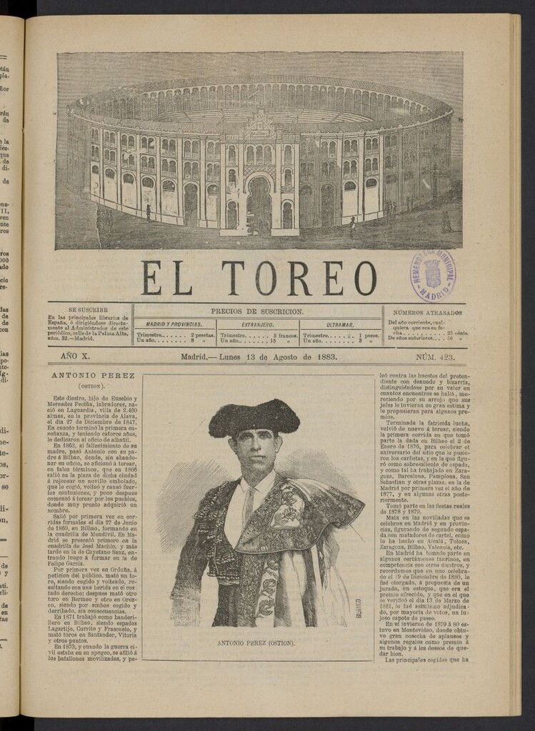 Miniatura de El Toreo: suplemento a "La Correspondencia Teatral" del 13 de agosto de 1883, nº 423