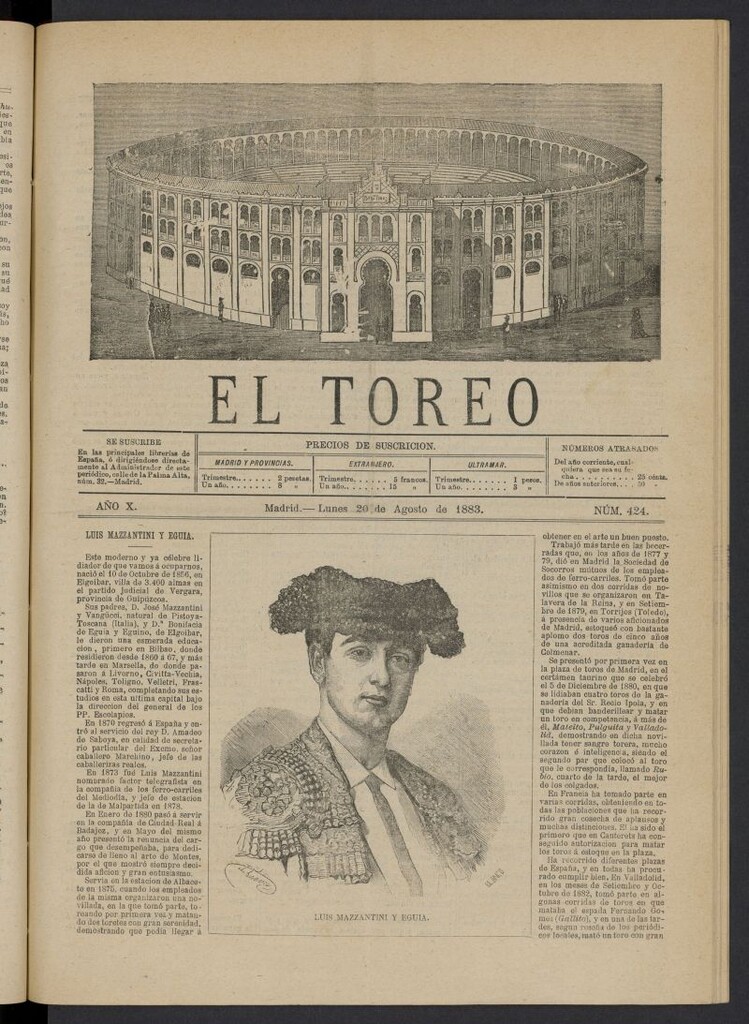 Miniatura de El Toreo: suplemento a "La Correspondencia Teatral" del 20 de agosto de 1883, nº 424