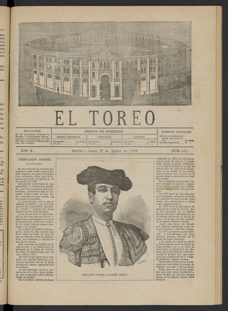 Miniatura de El Toreo: suplemento a "La Correspondencia Teatral" del 27 de agosto de 1883, nº 425