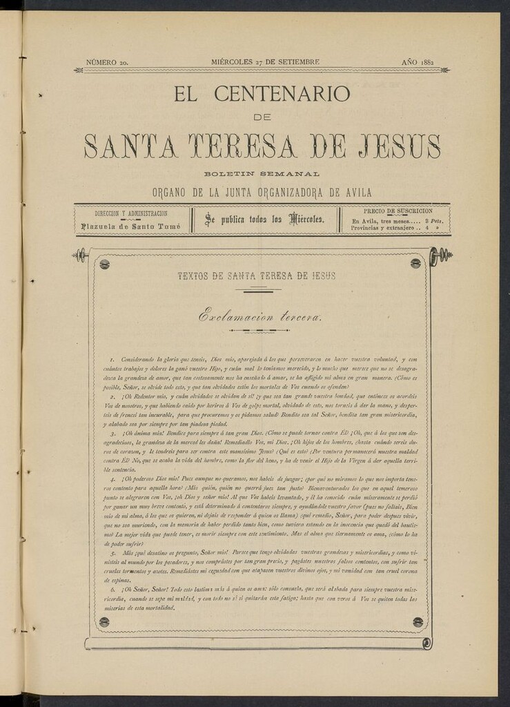 Miniatura de El Centenario de Santa Teresa de Jesús del 27 de septiembre de 1882