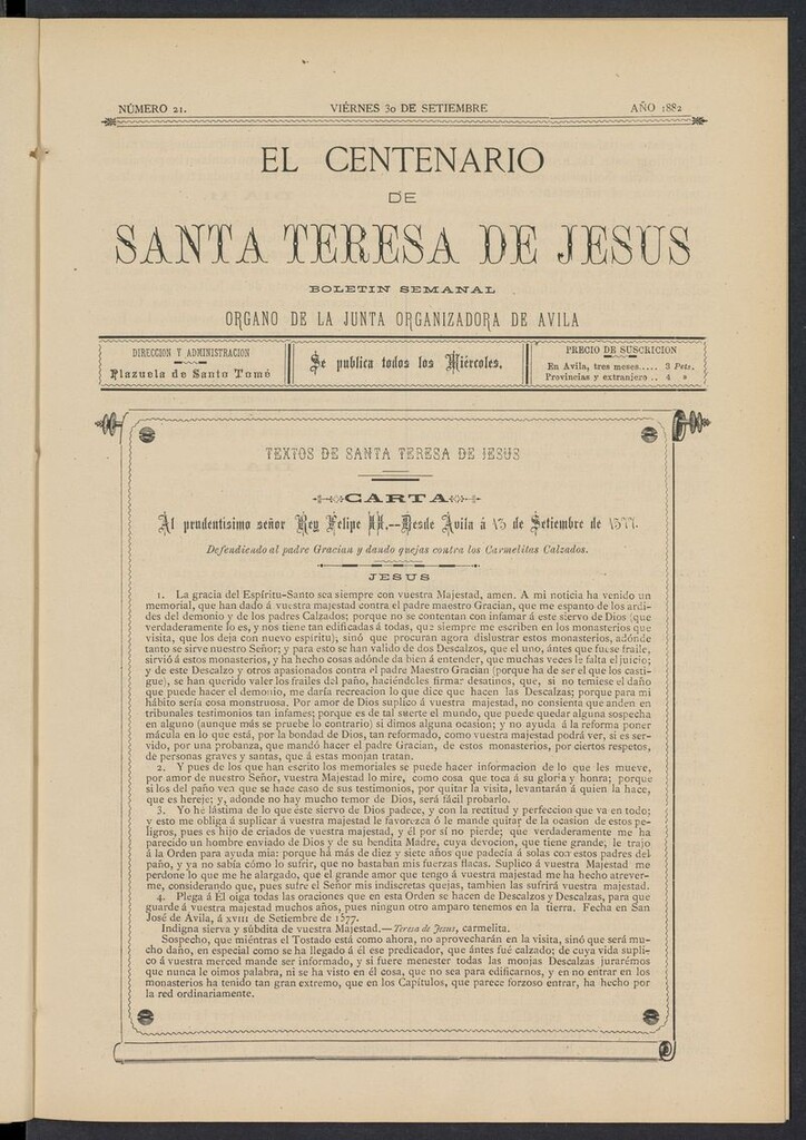 Miniatura de El Centenario de Santa Teresa de Jesús del 30 de septiembre de 1882