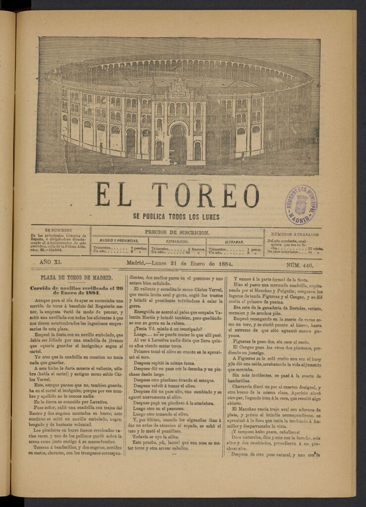 Miniatura de El Toreo: suplemento a "La Correspondencia Teatral" del 21 de enero de 1884, nº 446