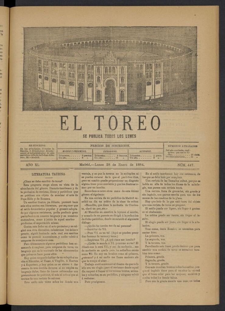 Miniatura de El Toreo: suplemento a "La Correspondencia Teatral" del 28 de enero de 1884, nº 447