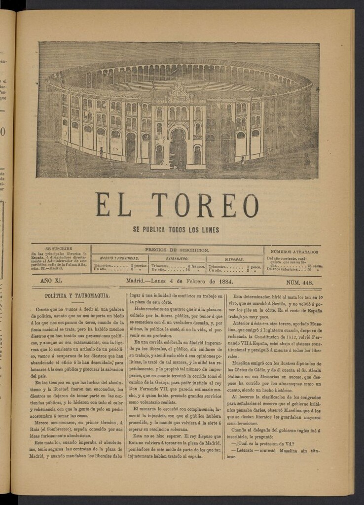 Miniatura de El Toreo: suplemento a "La Correspondencia Teatral" del 4 de febrero de 1884, nº 448