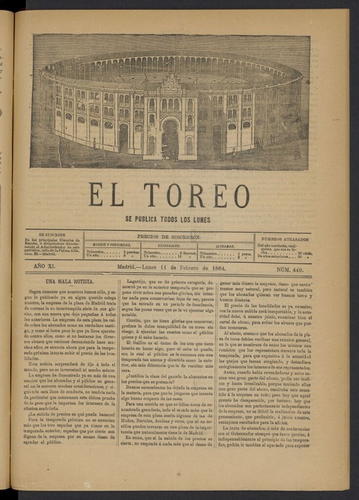 Miniatura de El Toreo: suplemento a "La Correspondencia Teatral" del 11 de febrero de 1884, nº 449