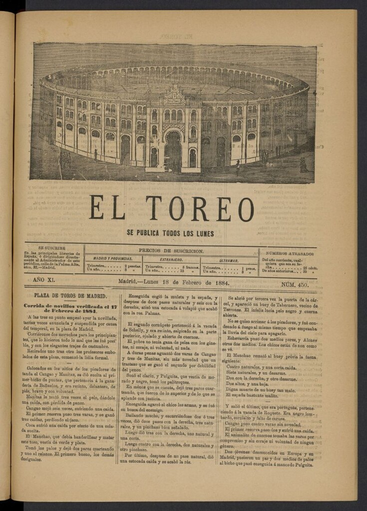 Miniatura de El Toreo: suplemento a "La Correspondencia Teatral" del 18 de febrero de 1884, nº 450