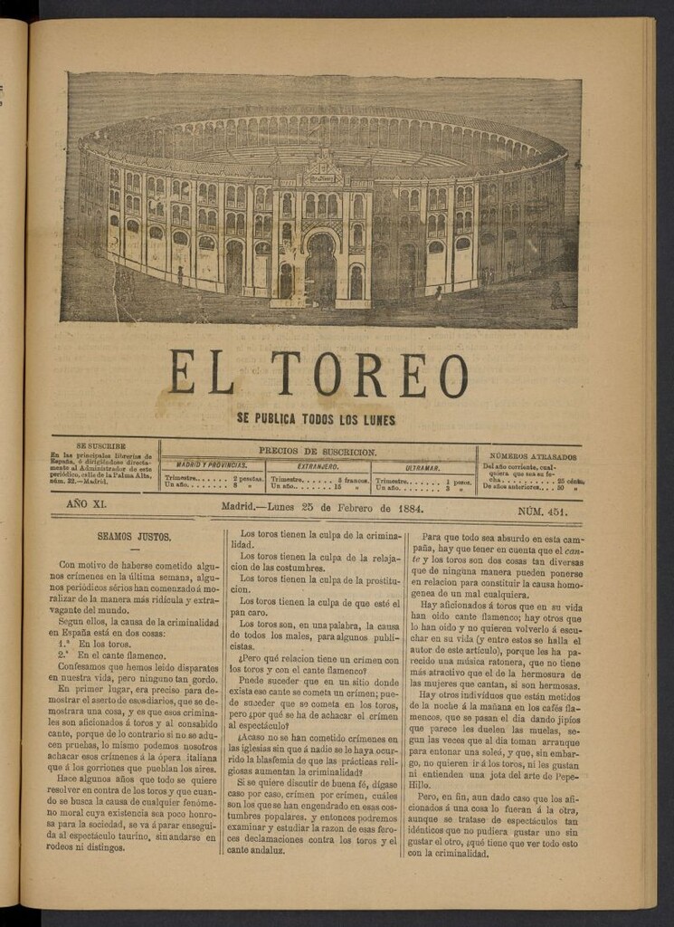 Miniatura de El Toreo: suplemento a "La Correspondencia Teatral" del 25 de febrero de 1884, nº 451