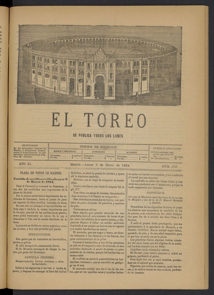 Miniatura de El Toreo: suplemento a "La Correspondencia Teatral" del 3 de marzo de 1884, nº 452