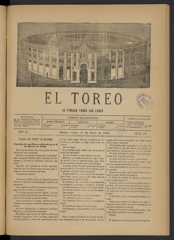Miniatura de El Toreo: suplemento a "La Correspondencia Teatral" del 10 de marzo de 1884, nº 453