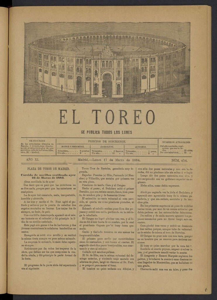 Miniatura de El Toreo: suplemento a "La Correspondencia Teatral" del 17 de marzo de 1884, nº 454