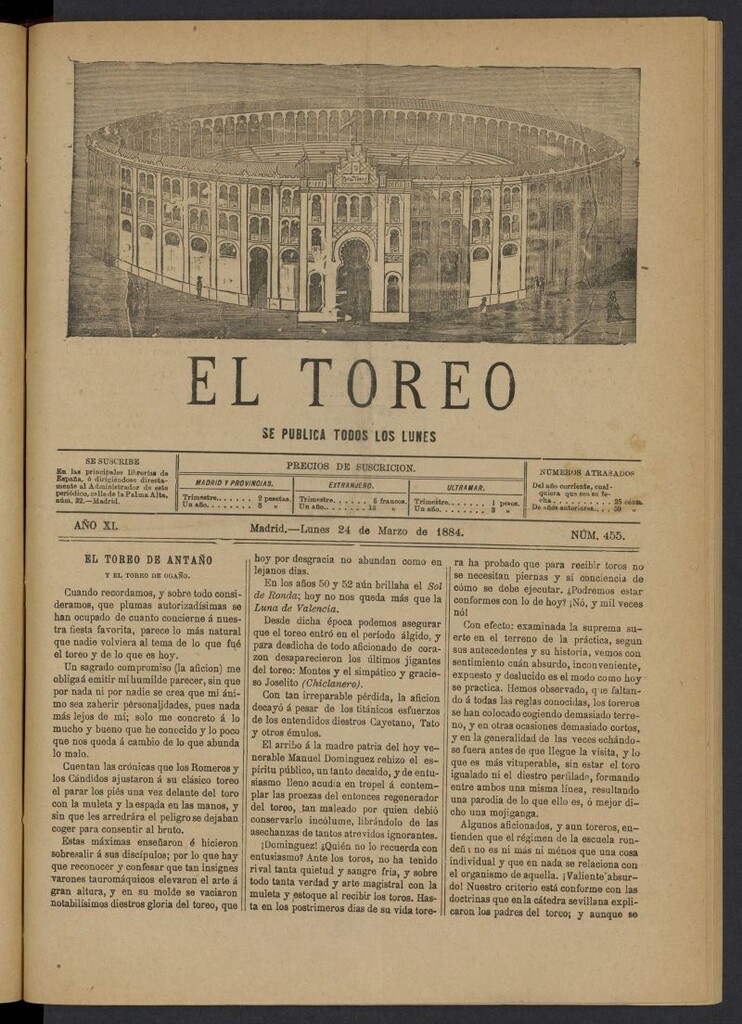 Miniatura de El Toreo: suplemento a "La Correspondencia Teatral" del 24 de marzo de 1884, nº 455