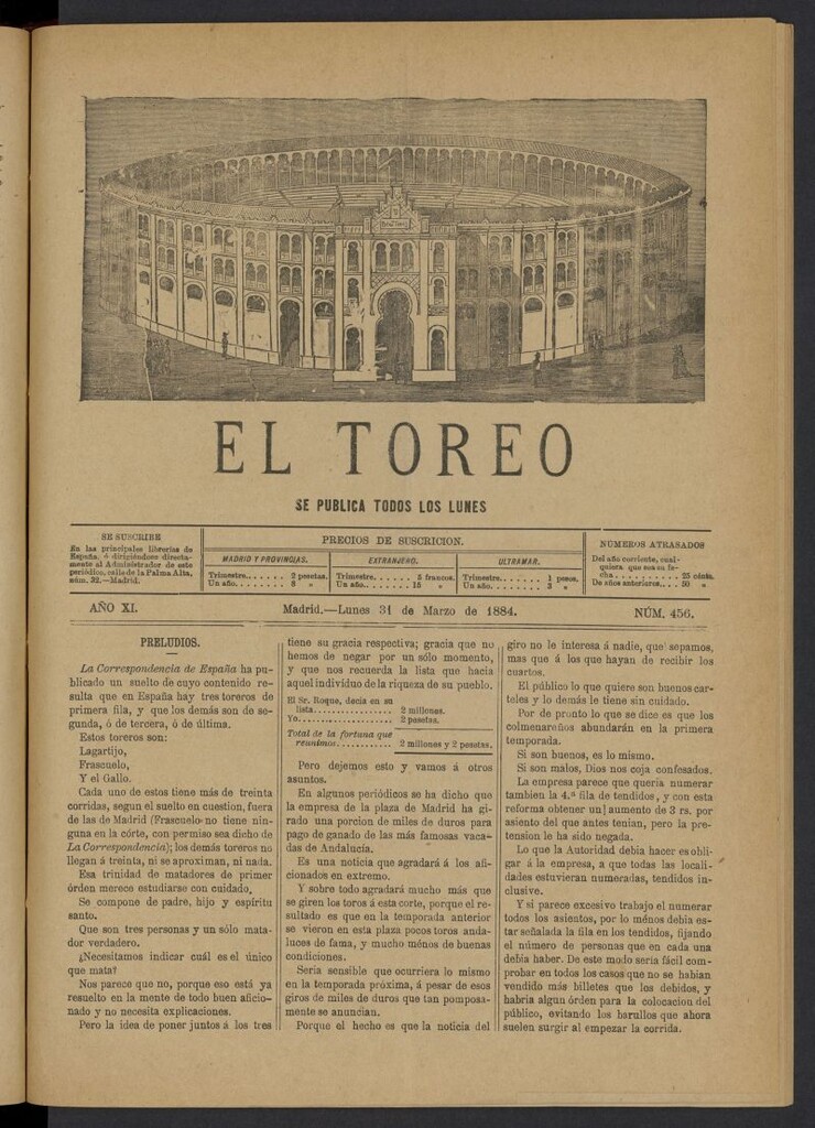 Miniatura de El Toreo: suplemento a "La Correspondencia Teatral" del 31 de marzo de 1884, nº 456