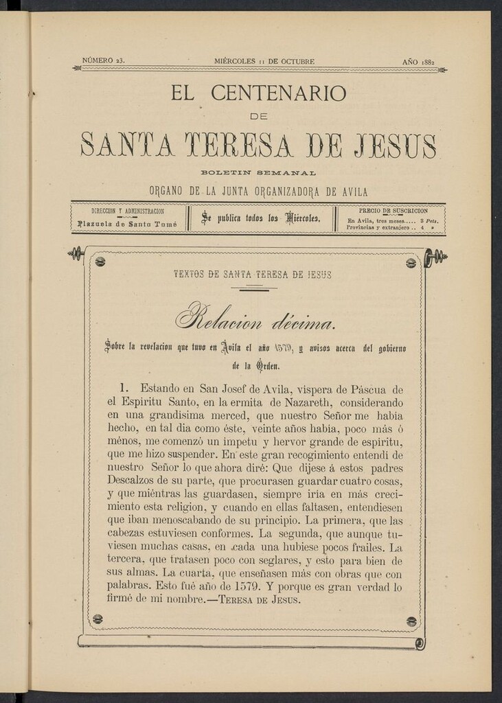 Miniatura de El Centenario de Santa Teresa de Jesús del 11 de octubre de 1882