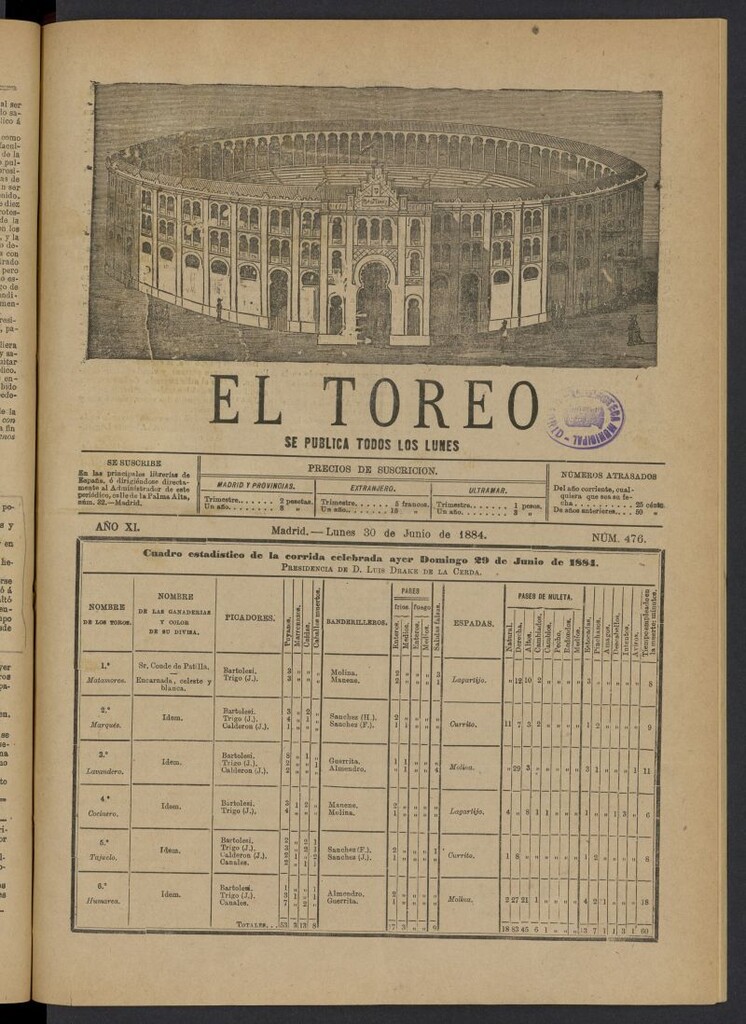 Miniatura de El Toreo: suplemento a "La Correspondencia Teatral" del 30 de junio de 1884, nº 476
