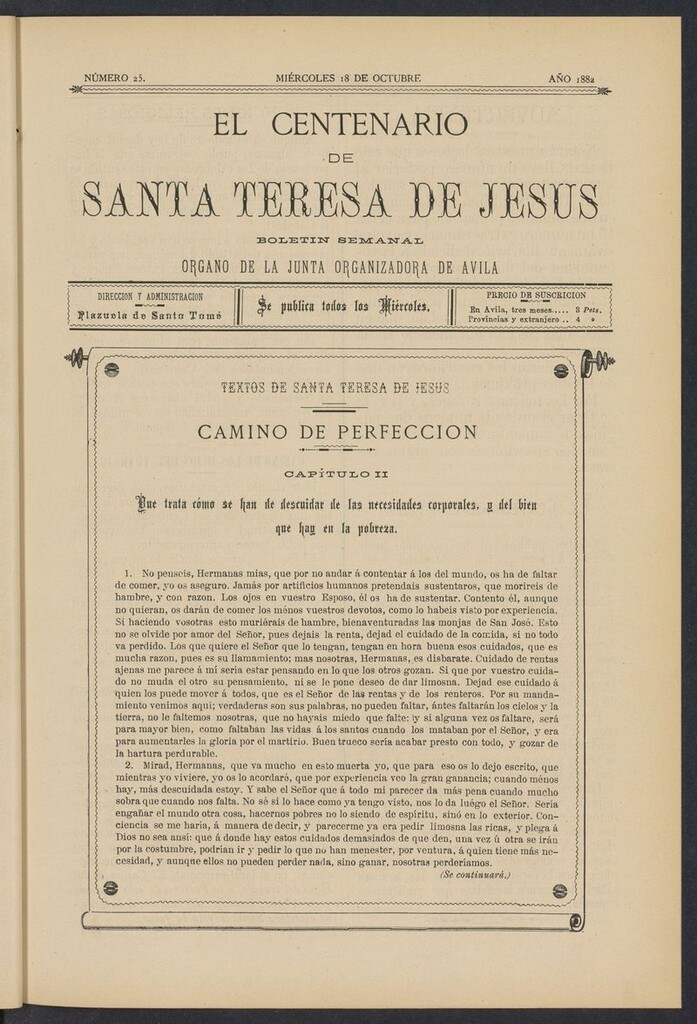 Miniatura de El Centenario de Santa Teresa de Jesús del 18 de octubre de 1882