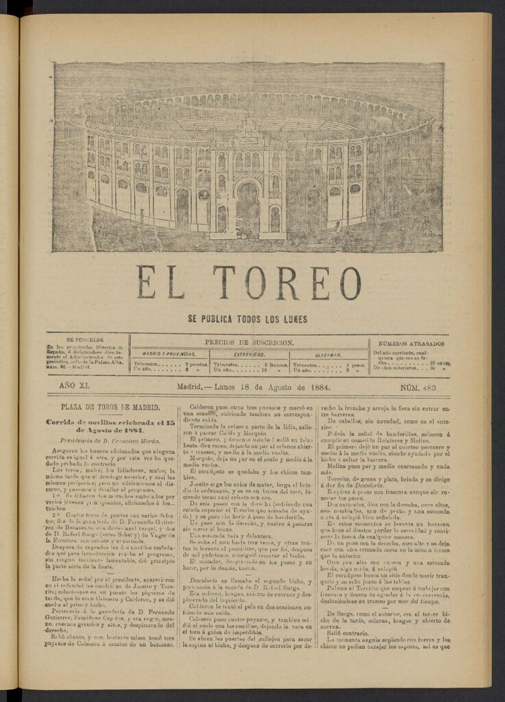 Miniatura de El Toreo: suplemento a "La Correspondencia Teatral" del 18 de agosto de 1884, nº 483