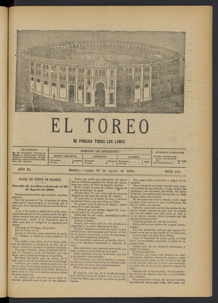 Miniatura de El Toreo: suplemento a "La Correspondencia Teatral" del 25 de agosto de 1884, nº 484