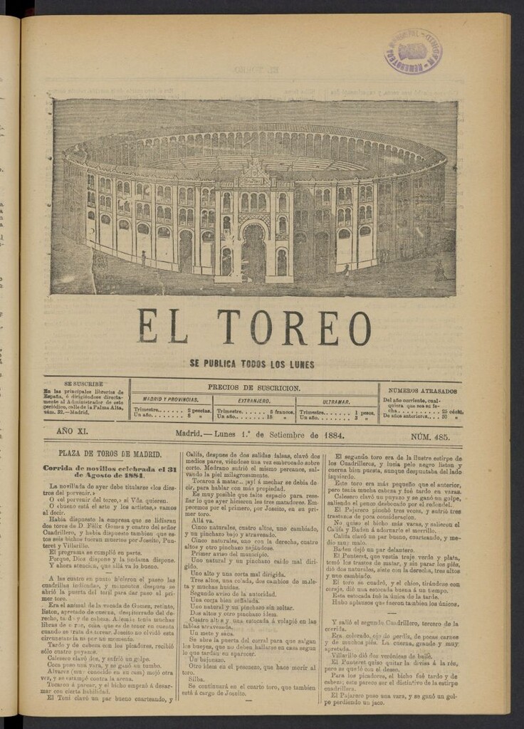 Miniatura de El Toreo: suplemento a "La Correspondencia Teatral" del 1 de septiembre de 1884, nº 485
