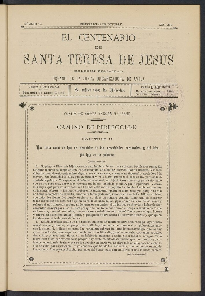 Miniatura de El Centenario de Santa Teresa de Jesús del 25 de octubre de 1882