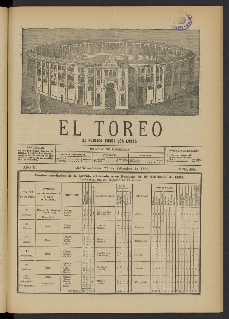 Miniatura de El Toreo: suplemento a "La Correspondencia Teatral" del 22 de septiembre de 1884, nº 489