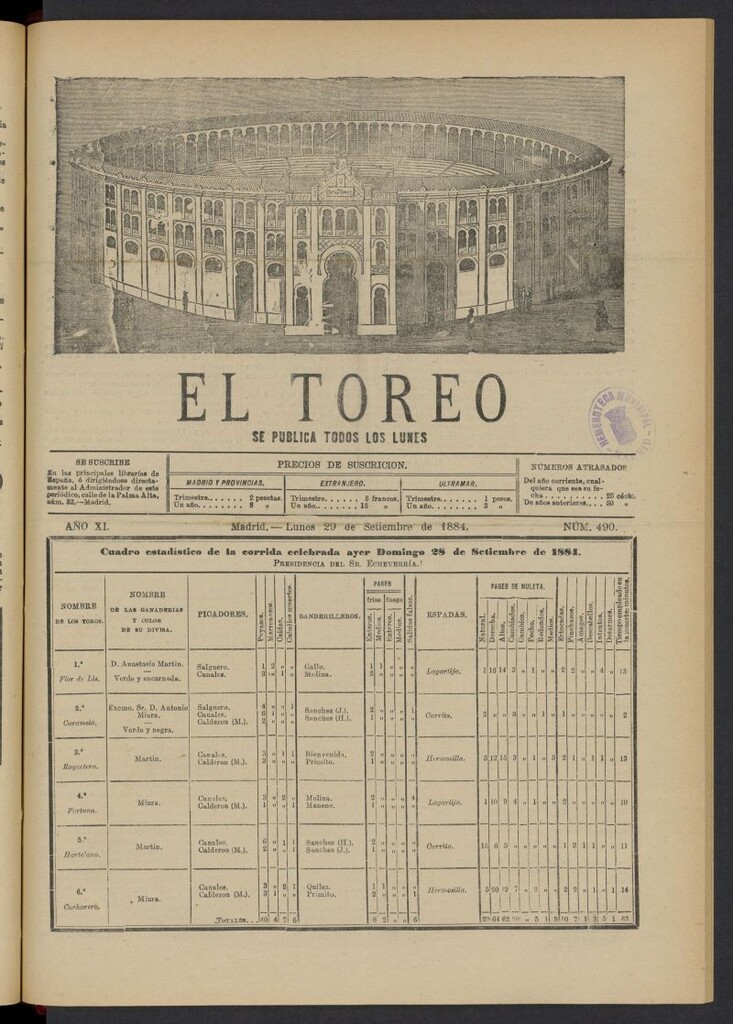 Miniatura de El Toreo: suplemento a "La Correspondencia Teatral" del 29 de septiembre de 1884, nº 490