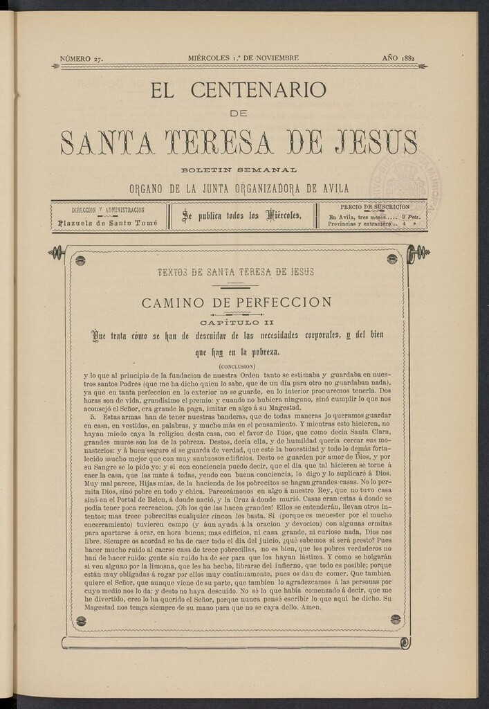 Miniatura de El Centenario de Santa Teresa de Jesús del 1 de noviembre de 1882