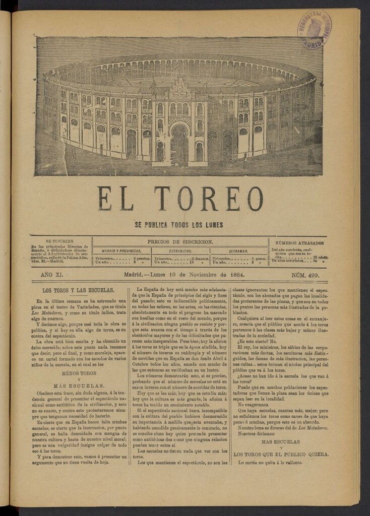 Miniatura de El Toreo: suplemento a "La Correspondencia Teatral" del 10 de noviembre de 1884, nº 499