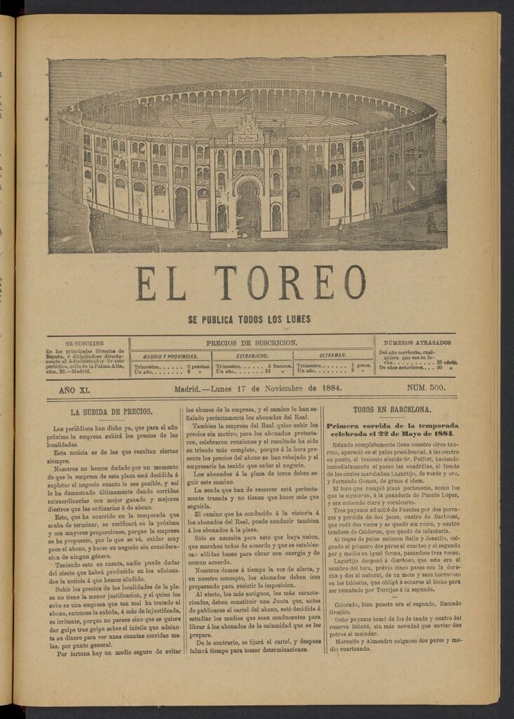 Miniatura de El Toreo: suplemento a "La Correspondencia Teatral" del 17 de noviembre de 1884, nº 500