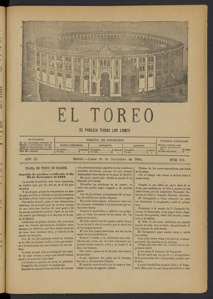 Miniatura de El Toreo: suplemento a "La Correspondencia Teatral" del 24 de noviembre de 1884, nº 501
